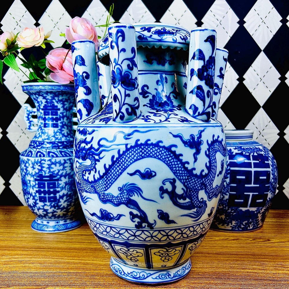 Grand Tulipière 15" Blue & White Chinoiserie Dragon Vase Porcelain Multi-Spout - Picture 7 of 17